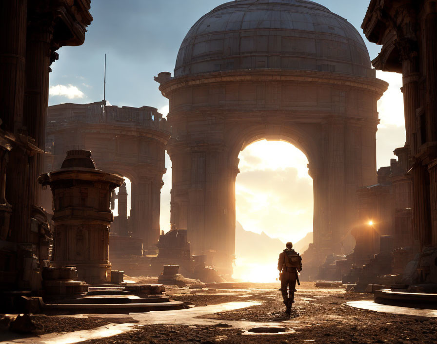 Person walking towards circular opening in ancient dome surrounded by ruins in golden light