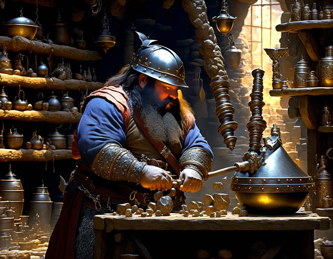 Fantasy-themed image: Bearded dwarf in armor forging weapon at anvil