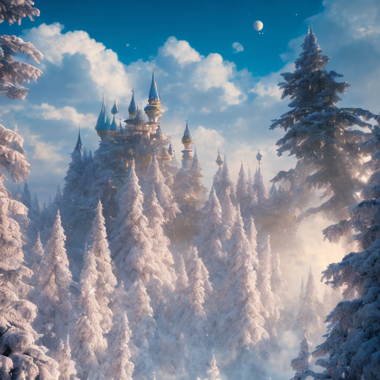 Fantastical castle on misty peak with snow-covered pine trees