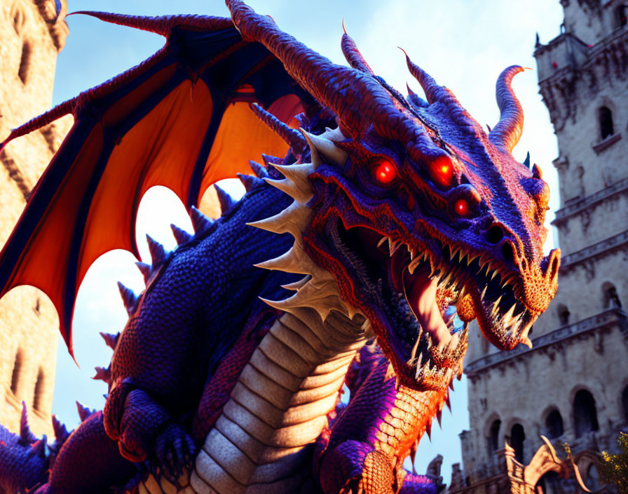 Blue dragon with red eyes and orange wings roaring in front of a castle.