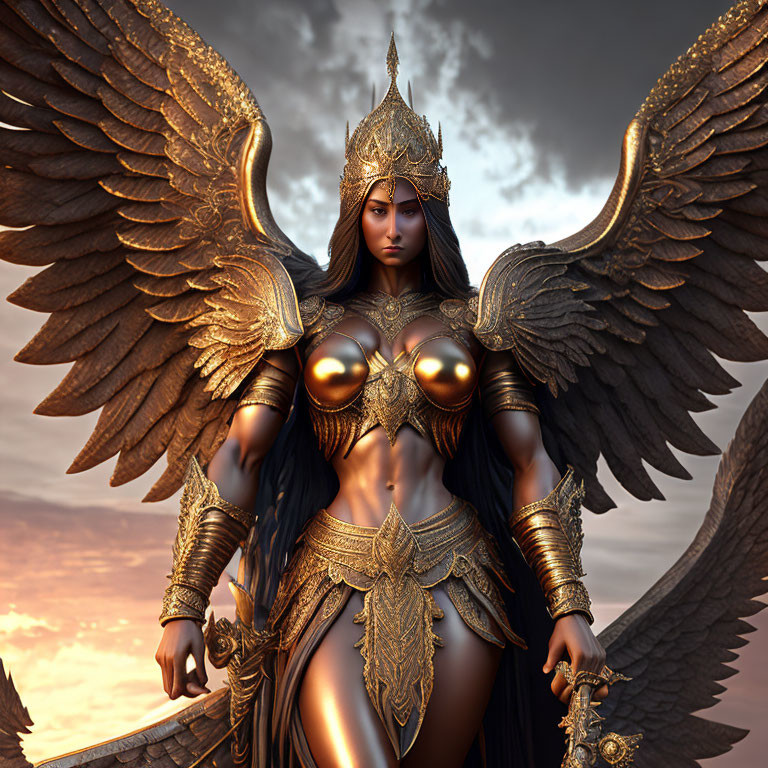Armored female warrior with gold detailing and majestic wings against dramatic sky.
