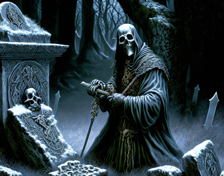 Hooded figure in moonlit graveyard with staff and tombs