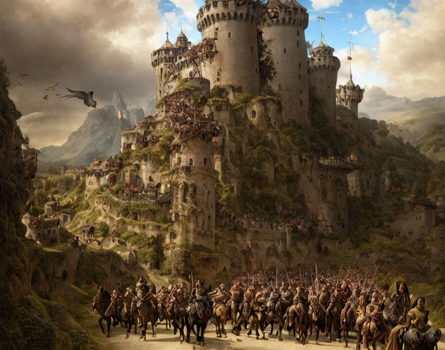 Medieval fantasy army on horseback approaching majestic cliffside castle