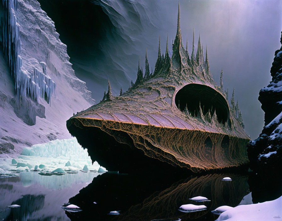 Fantastical ship-like structure in icy landscape