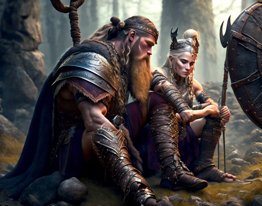 Male and Female Viking Warriors in Armor and Shields in Forest Setting