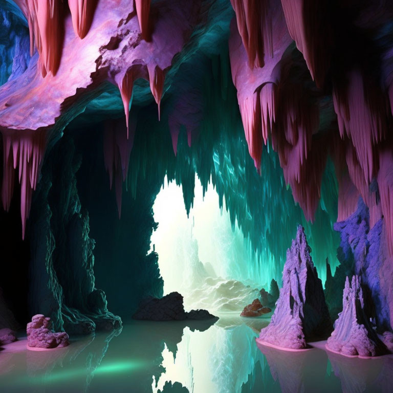 Vibrant cave with turquoise water, pink and purple stalactites