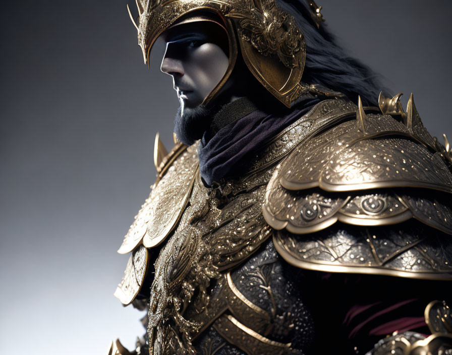 Golden helmet and intricate armor on obscured figure against muted backdrop