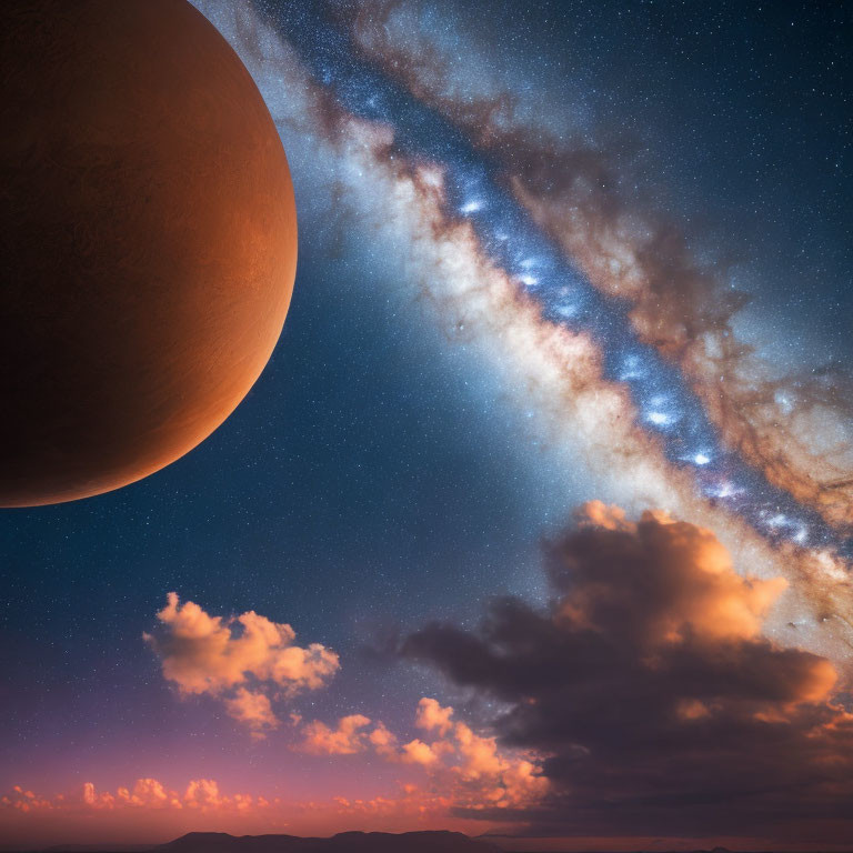 Large Orange Planet Rising Against Starry Sky and Milky Way Galaxy
