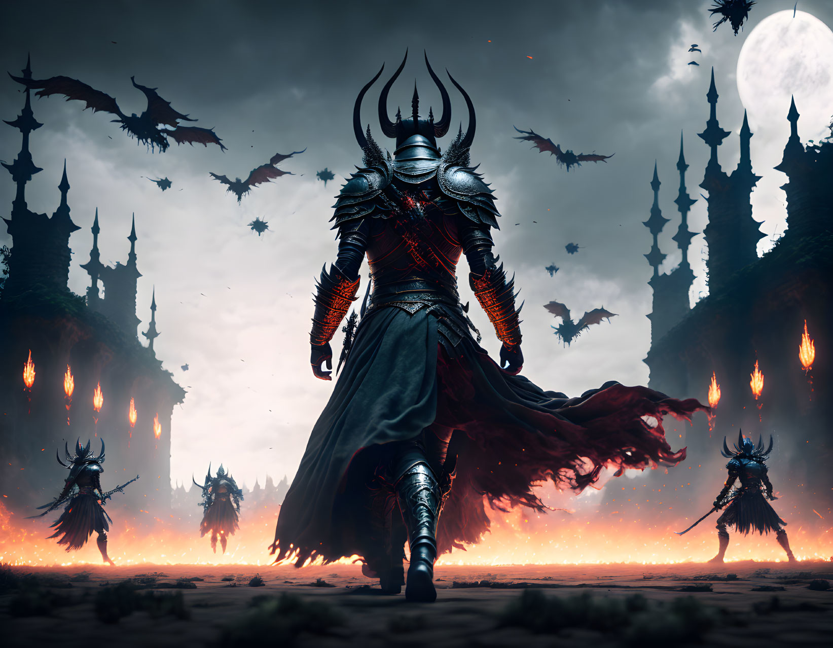 Fantasy warrior in ornate armor in fiery dragon landscape