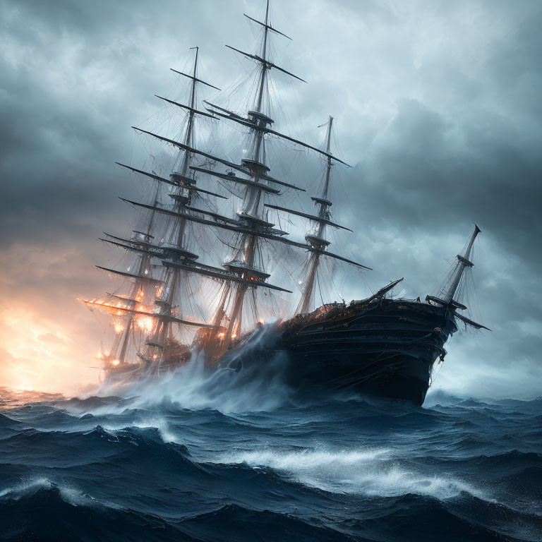 Tall ship in rough seas with illuminated sails under dark, stormy sky