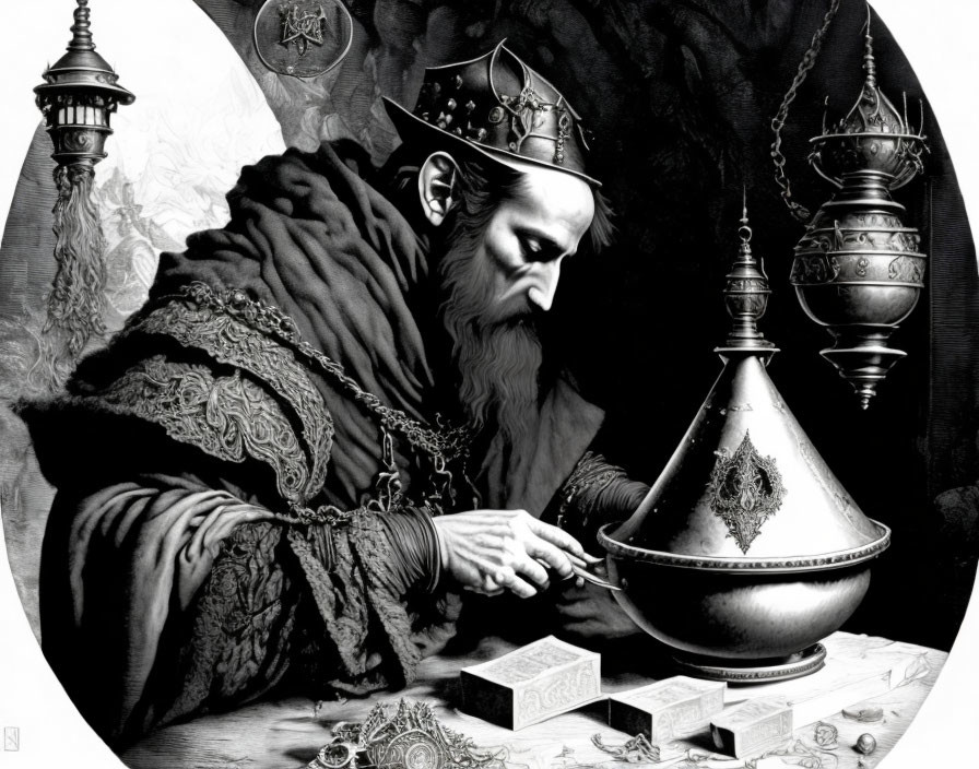 Detailed monochrome illustration of regal figure with mysterious vessel and arcane symbols
