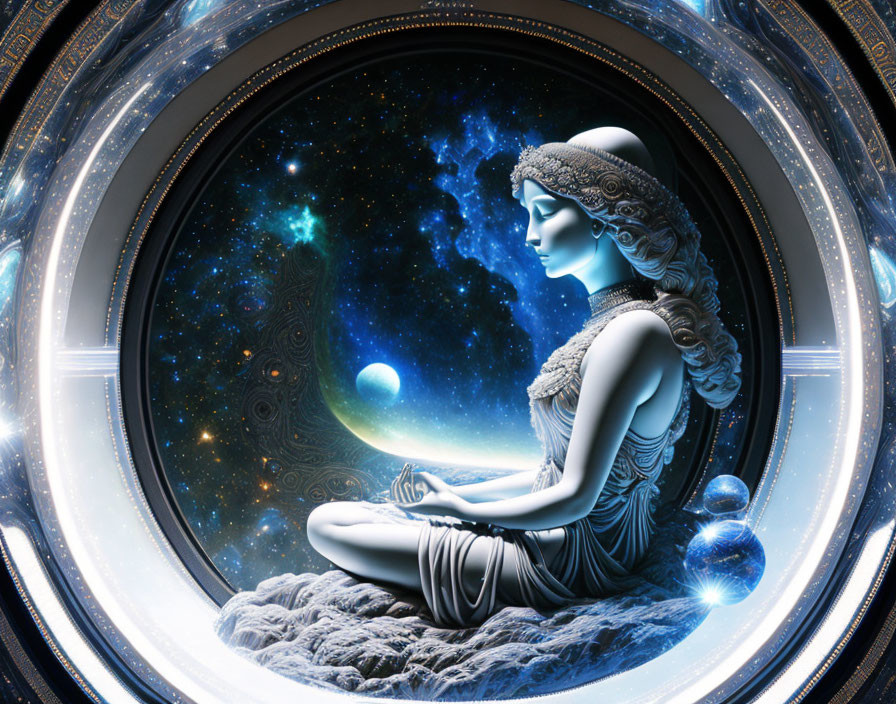 Blue-Toned Digital Artwork of Meditative Figure in Cosmic Setting