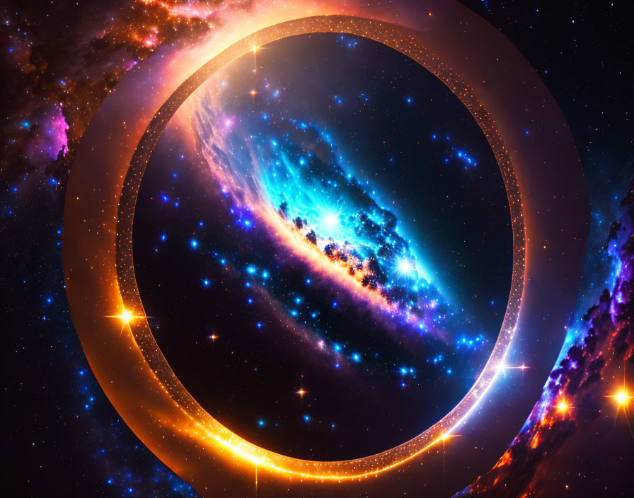Colorful cosmic scene: glowing ring around spiral galaxy in starry nebula