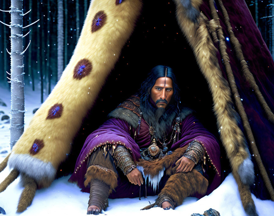 Bearded man in ornate clothing sitting by fur teepee in snowy forest