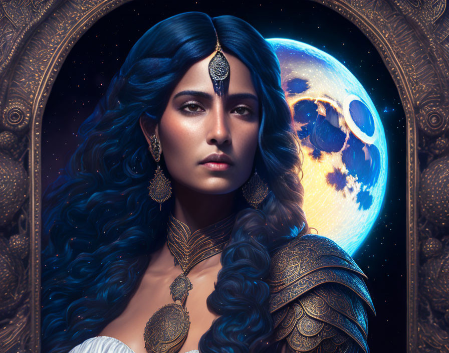 Portrait of a woman with blue hair and golden jewelry against cosmic backdrop