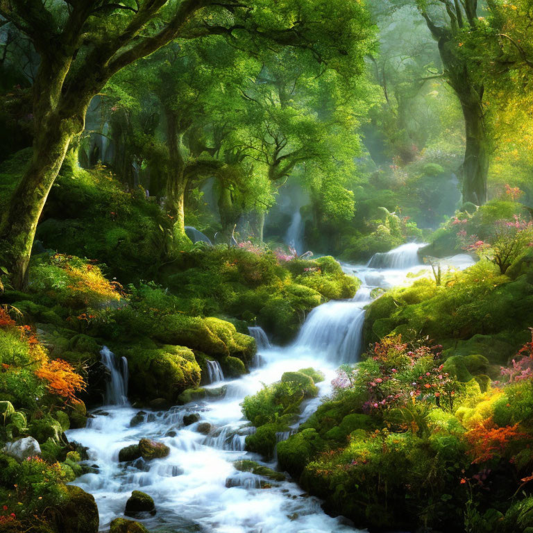 Tranquil Forest Scene with Greenery and Cascading Stream