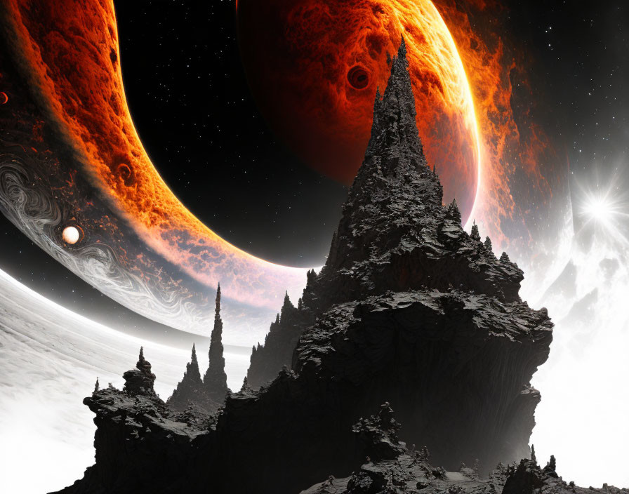 Surreal landscape with jagged mountains and fiery planet under starry sky