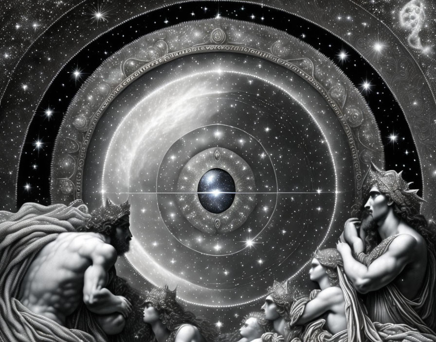 Surreal black and white image of classical figures and cosmic elements with central eye symbolizing interconnectedness