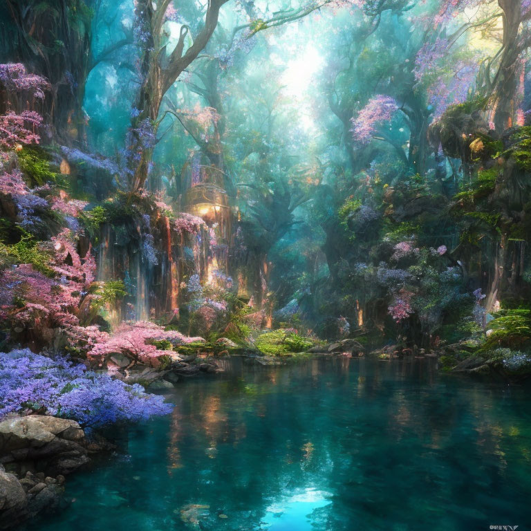 Tranquil Pond in Enchanted Forest with Lush Trees