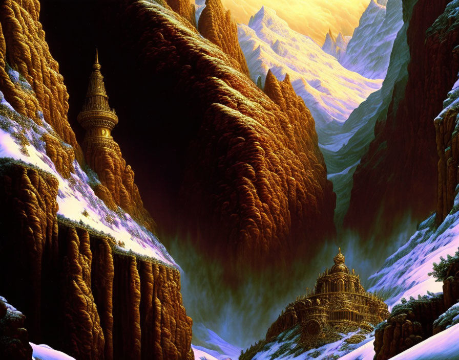 Majestic rocky cliffs, snow-capped mountains, and ornate buildings in a fantastical landscape
