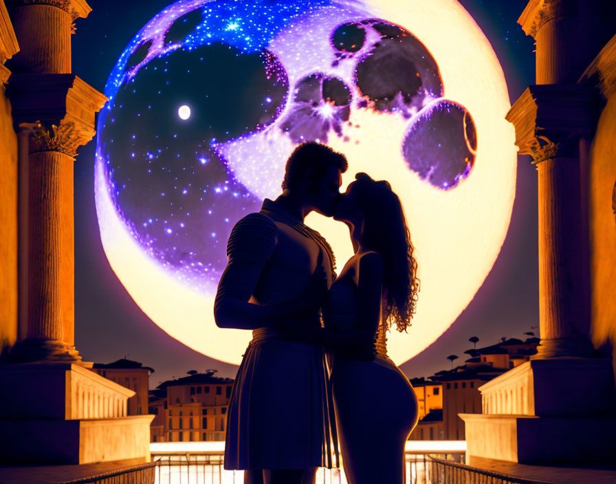 Silhouette of kissing couple with oversized moon and stars against classical architecture