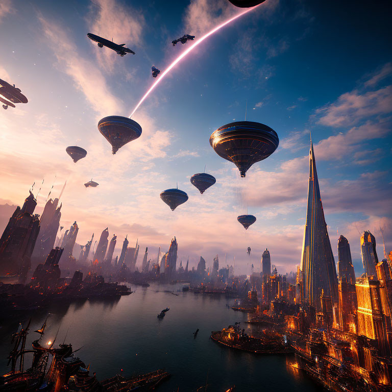 Futuristic cityscape at sunset with flying vehicles and towering spires