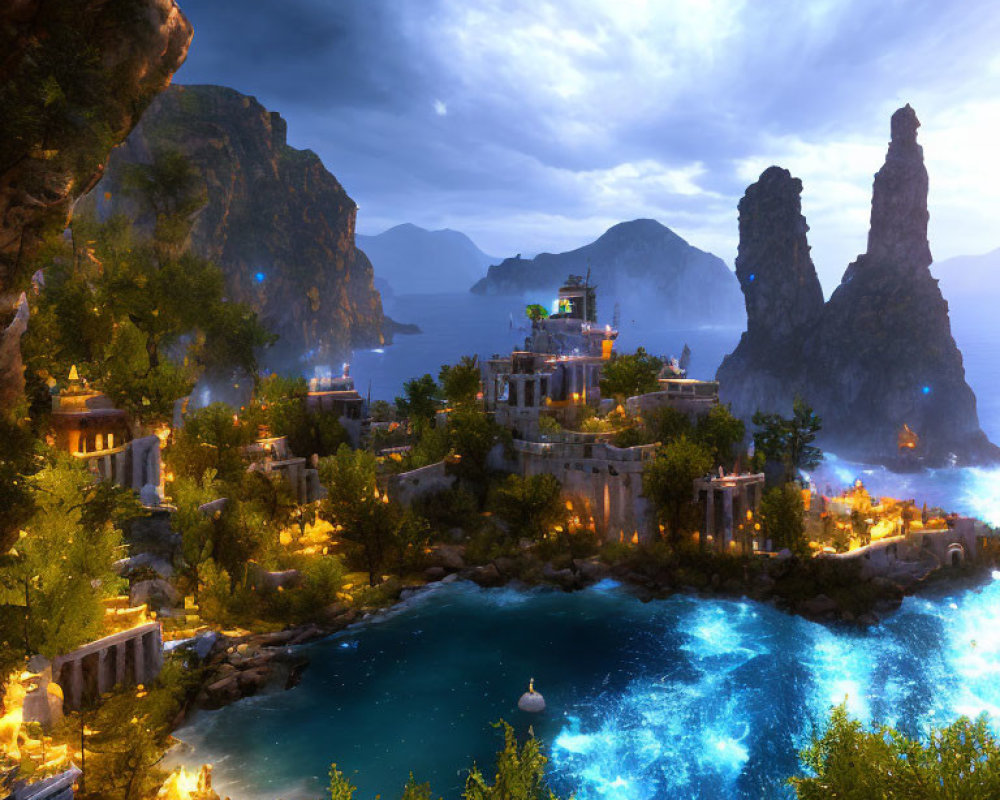 Twilight coastal landscape with ruins, luminous waters, rocks, and mountains