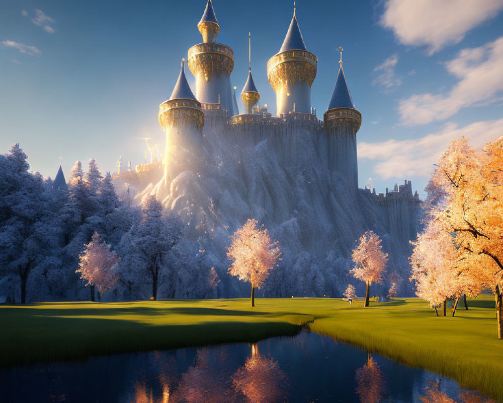 Majestic fairytale castle on cliff with spires and golden domes surrounded by lush trees
