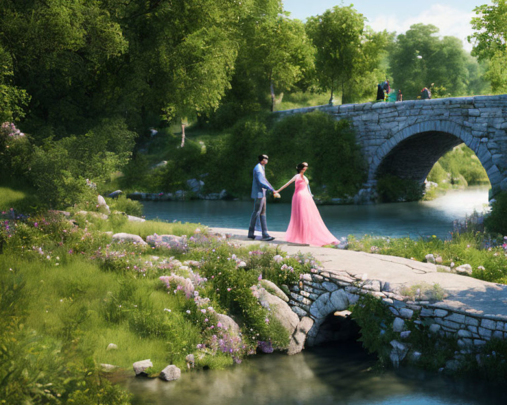 Formal couple on small bridge in lush green park with stone arch bridge.