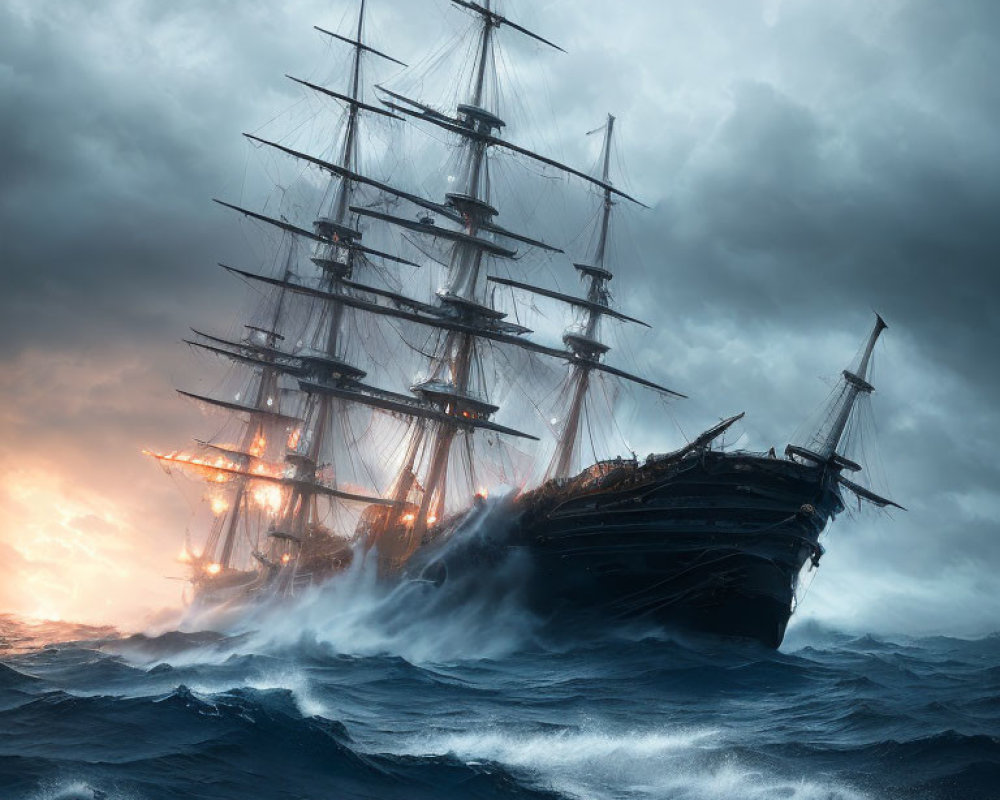 Tall ship in rough seas with illuminated sails under dark, stormy sky