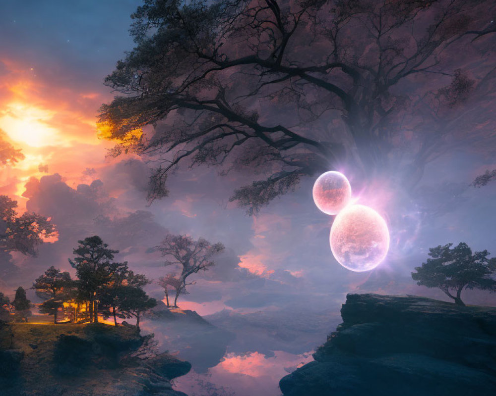 Mystical dusk landscape with large tree silhouette and glowing orbs