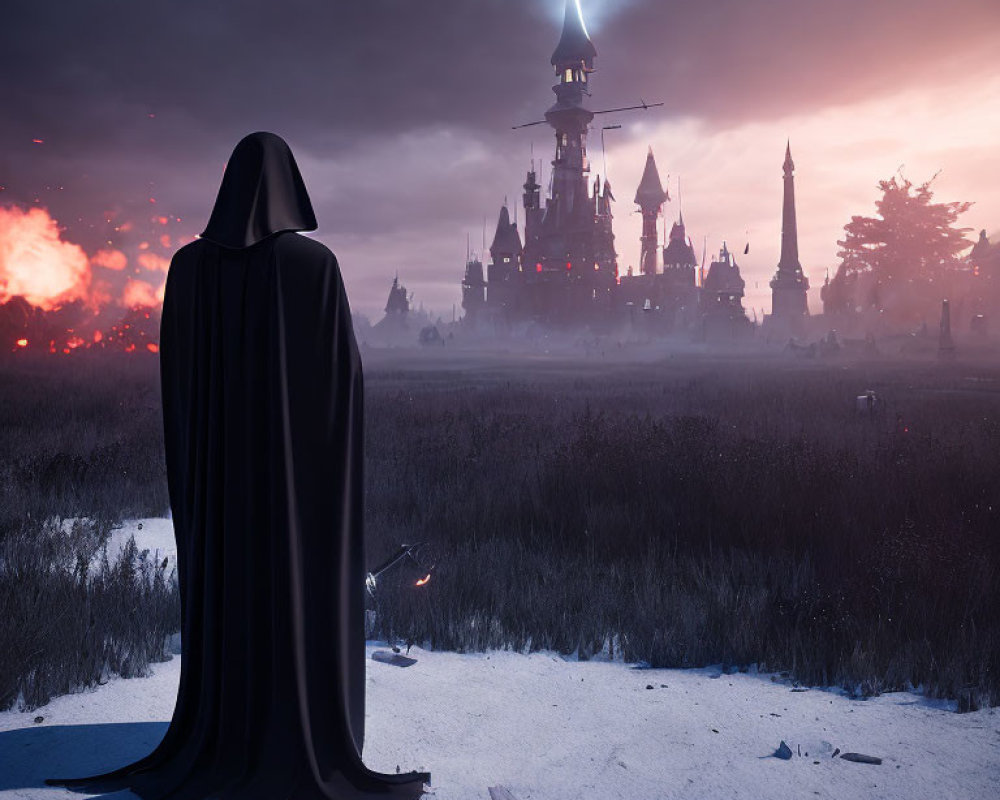 Mysterious figure in cloak by fantasy castle at dusk