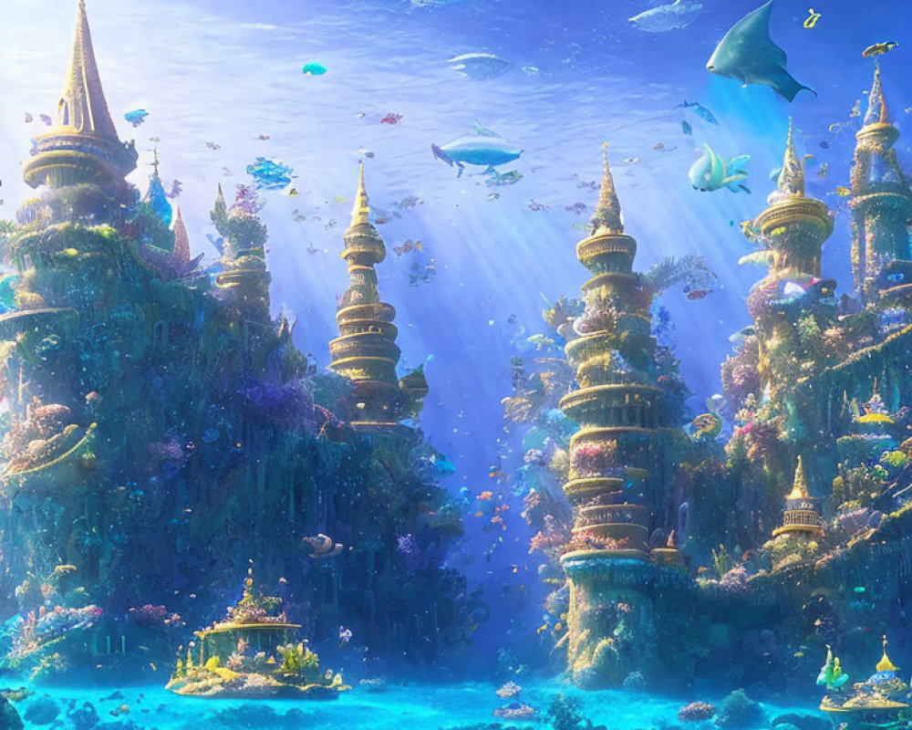 Vibrant coral and fish in mystical underwater scene