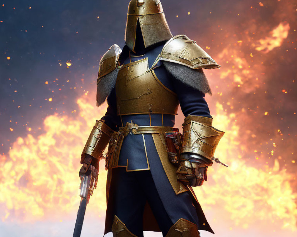 Golden-armored knight with sword in fiery backdrop