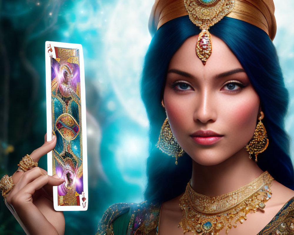 Woman with Blue Eyes in Golden Jewelry Holding Tarot Card in Forest