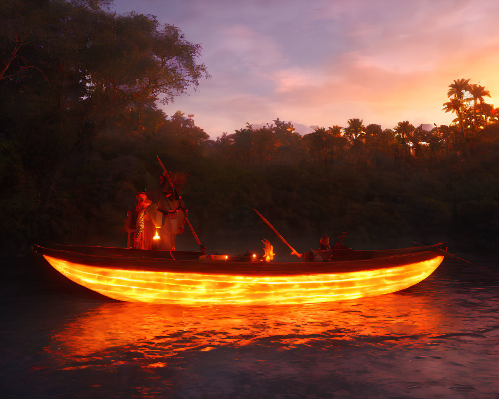 Translucent canoe fishing at dusk with warm sunset and silhouetted trees