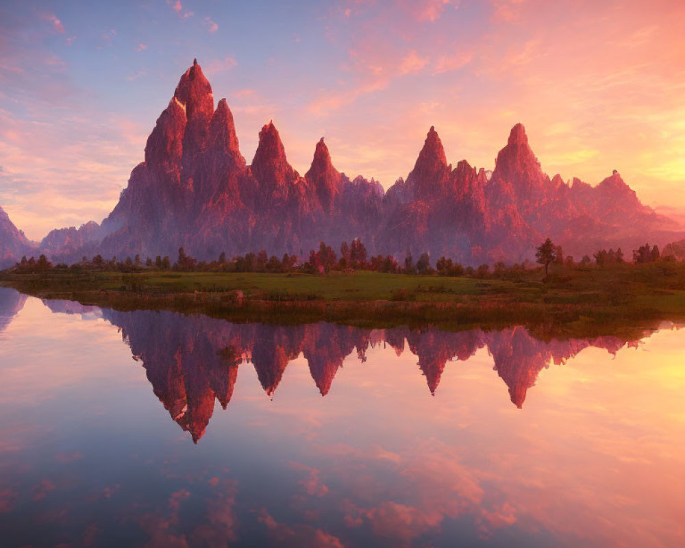 Scenic sunset over mountain peaks, pink and orange skies reflected in calm lake.