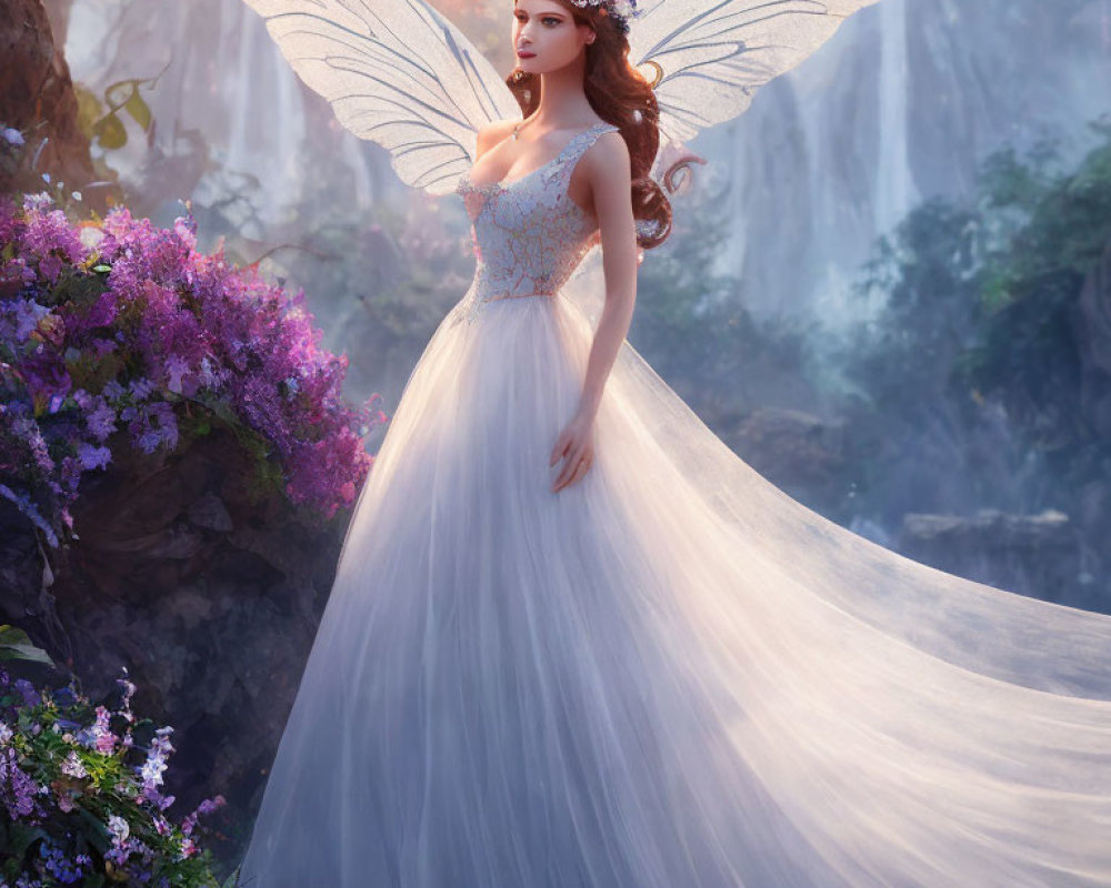 Fantasy Artwork: Fairy with Translucent Wings in Floral Woodland