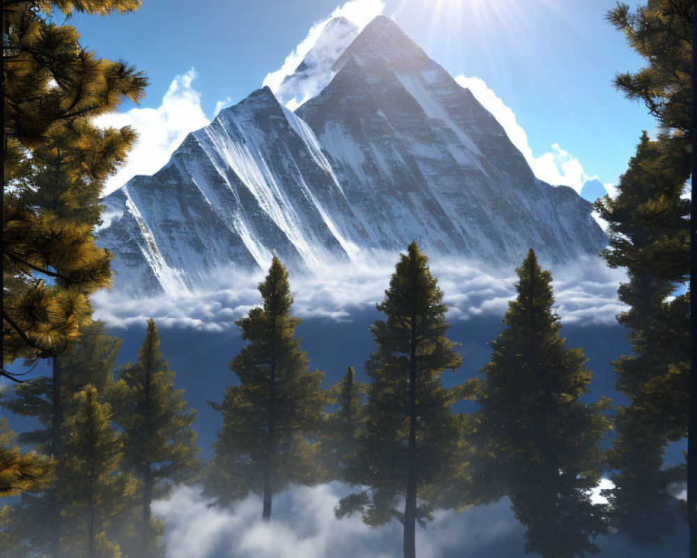 Majestic snow-capped mountain peak with sun rays, forest, and clouds