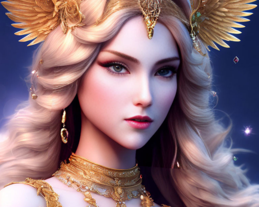 Fantasy female character with gold wings and white hair on blue background