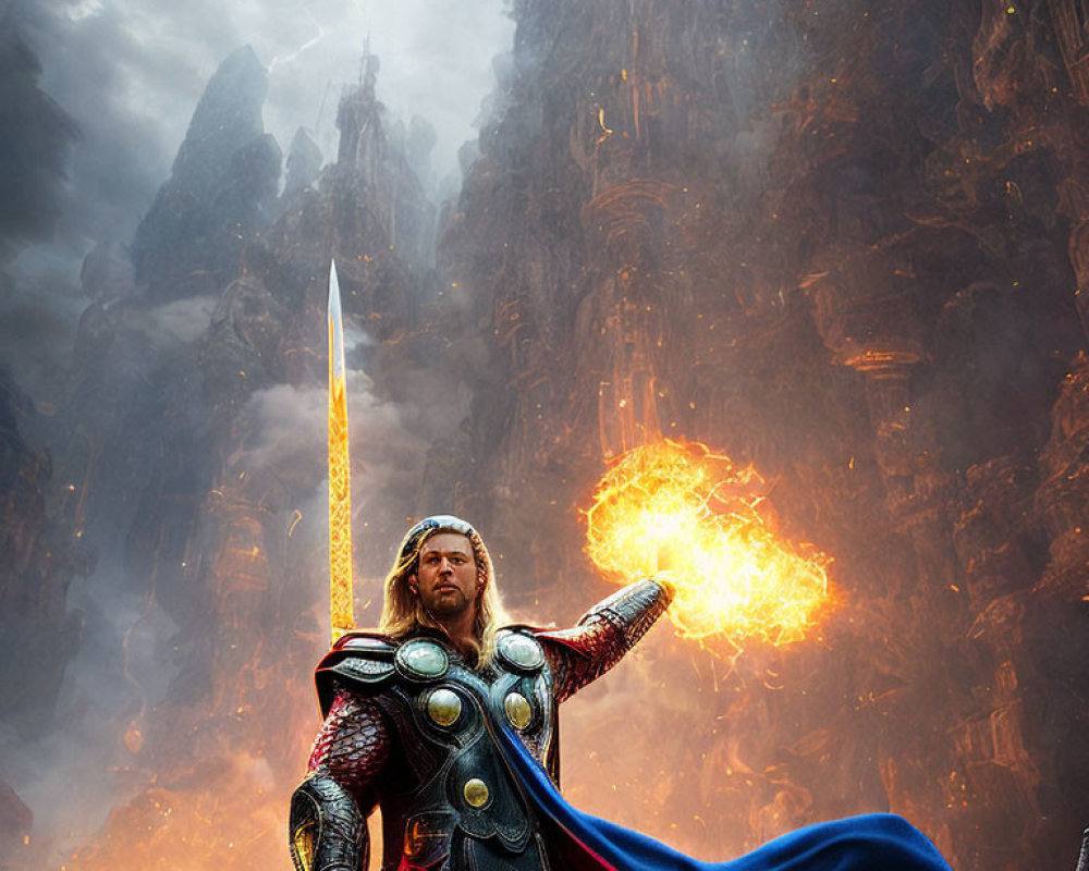 Warrior in red cape and armor wields sword in fiery landscape