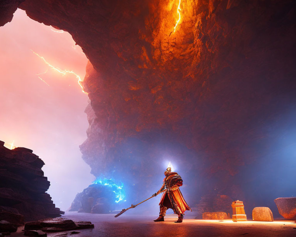 Knight with Spear in Mystical Cavern Lit by Blue and Orange Light