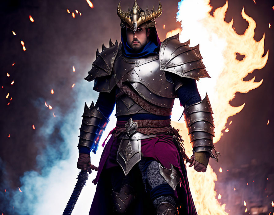 Medieval knight in armor with sword against fiery backdrop