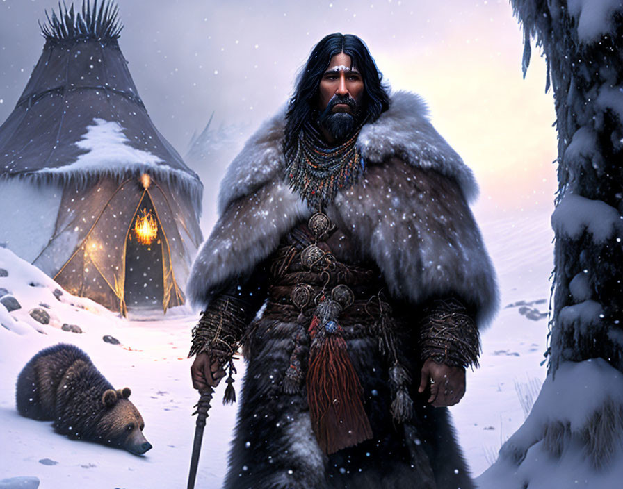 Bearded man in fur clothing in snowy landscape with teepee and bear