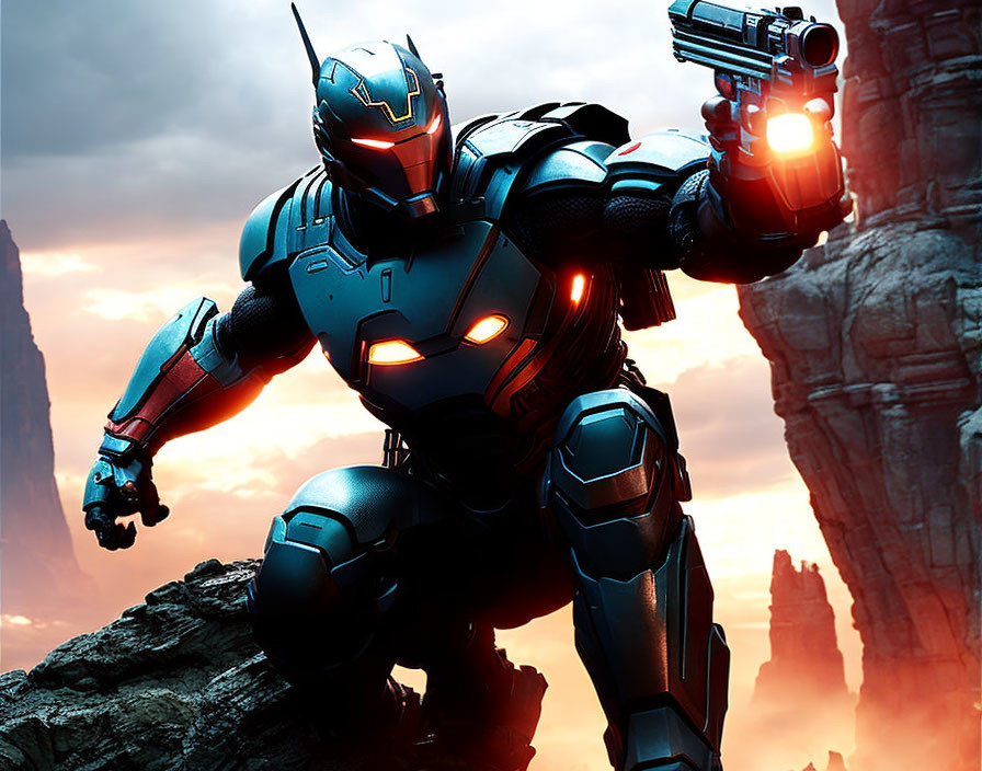 Armored robotic figure with glowing eyes and repulsor blasts in rocky dusk setting