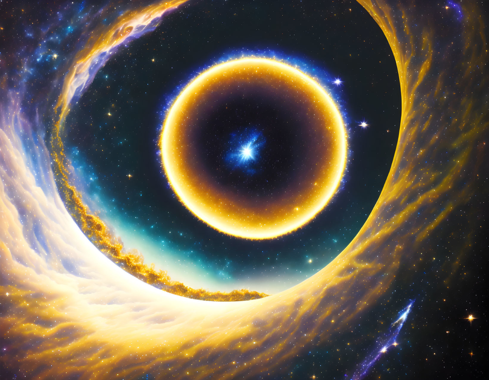 Cosmic scene with black hole, accretion disk, and stars in nebulous space