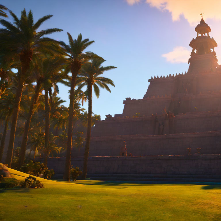 Ancient temple with ornate spires in lush palm tree setting at sunset