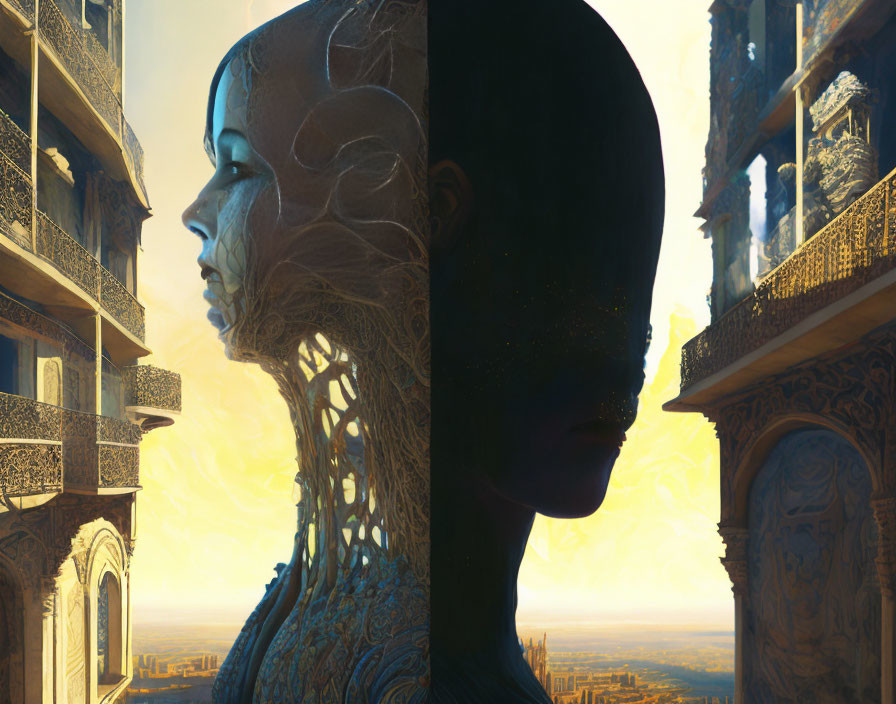 Split Profile of Woman and Ornate Building Against Sunset