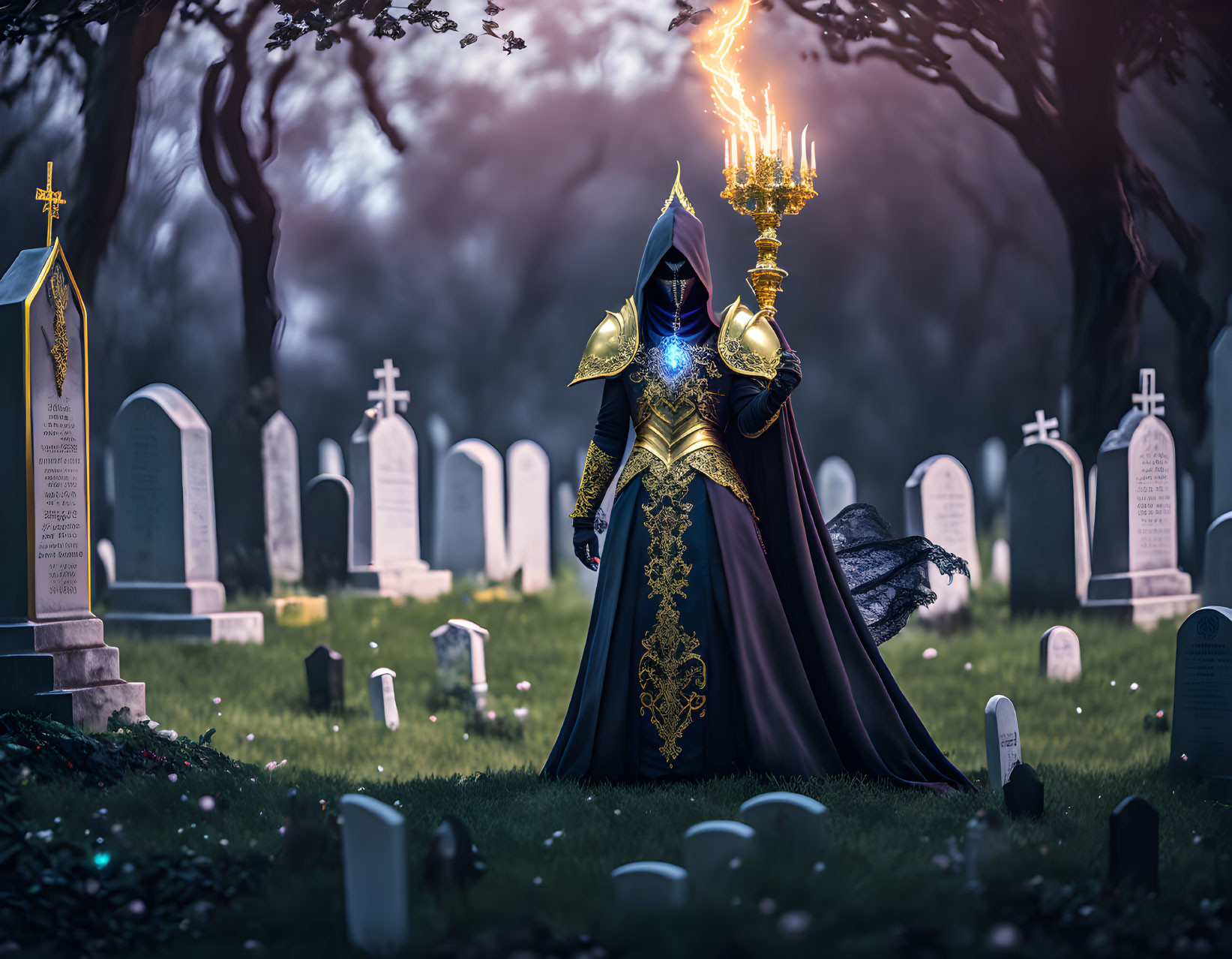Cloaked figure in dark and gold armor with flaming staff in cemetery landscape