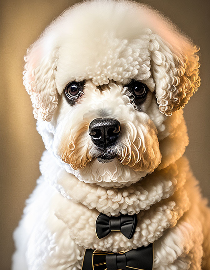 Fluffy white poodle with black bow tie on beige background